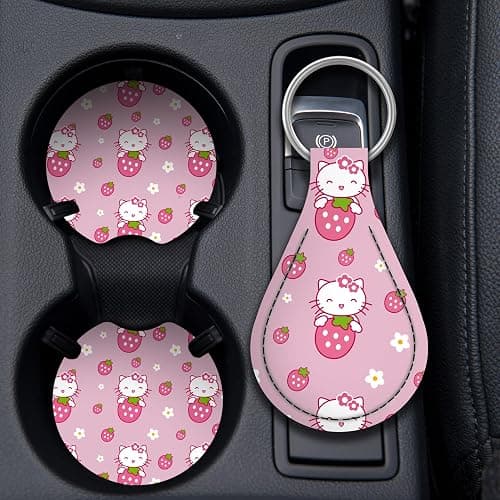Kitty Accessories Car, Strawberry Pink Cat Wheel Cover, Y2K Car Accessories, Girly Steering Wheel Cover, Universal Fit 14.5-15 inch Auto SUV Vans Trucks, Anti-Slip and Sweat Absorption thumbnail 4