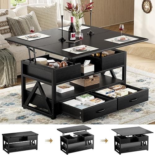 Memobarco 40" Lift Top Coffee Table,4 in 1 Multi-Function Lift Coffee Tables with Storage Drawers and Hidden Compartmen,Farmhouse Coffee Table with Lifting top for Living Room,Black - Image 1