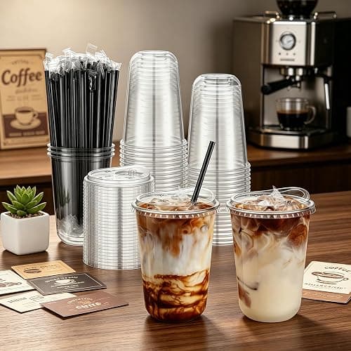 tchrules 100 Set 16oz Clear Round Bottom Plastic Cup with Sip Lid & Straw | Disposable, To Go, Leak-proof, for Iced Coffee/Cold Drinks/Slushie/ Smoothie/Matcha, Party Supplies, for Soda bar/Cafe Shop thumbnail 8