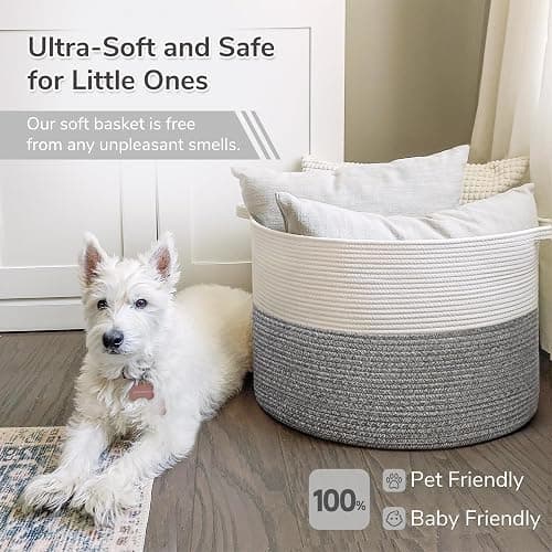 INDRESSME Large Storage Basket, 21.7'' x 13.8'' Cotton Rope Blanket Basket Living Room, Toy Organizers and Storage with Handles for Kids, Laundry Baskets for Clothes, Towel, 90L Grey thumbnail 6