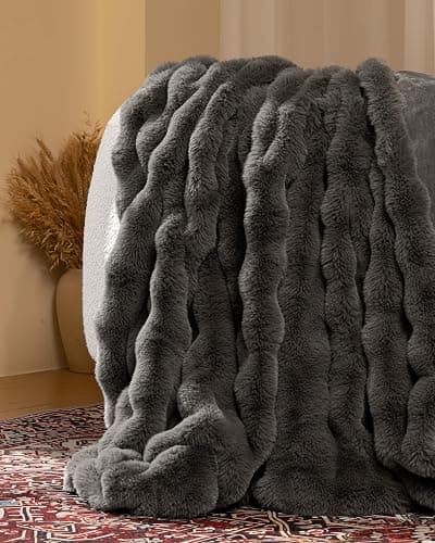 blunique Ultra Soft Cozy Faux Fur Throw Blanket-Fuzzy Plush Thick Bubble Blanket, Fluffy Blanket for Couch, Sofa, Bedroom, and Living Room, 50x60 Inches, Dark Grey thumbnail 2