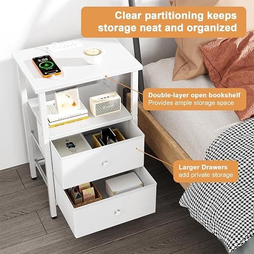 Smoproper Nightstand with Charging Station, Bedside End Table with 2 Fabric Drawers for Bedroom, Side Table with USB Ports and Outlets (White) thumbnail 4