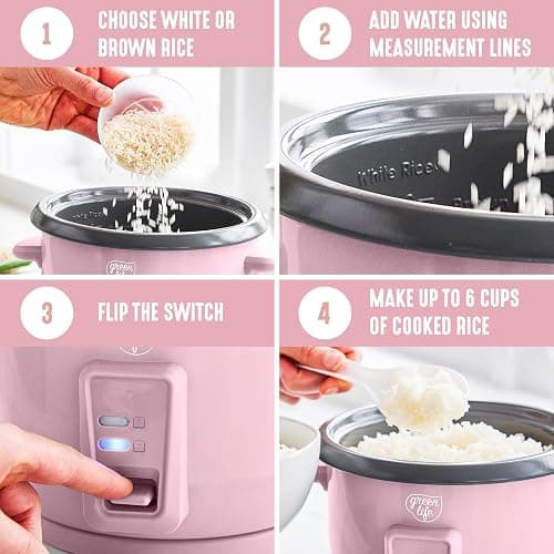 GreenLife Rice Cooker with Removable PFAS-Free Ceramic Nonstick Pot, 3-Cups Uncooked/6-Cups Cooked, Grains & Oatmeal Multicooker, Compact One-Switch Design, Auto Keep Warm, Easy Clean, Pink thumbnail 4