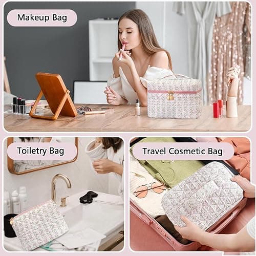 Teiniuby 3Pcs Quilted Pink Floral Makeup Bag Cosmetic Bag for Women Teen Girls,Cute Flowers Make Up Bags,Aesthetic Large Cotton Cosmetic Pouch,Flower Coquette Travel Toiletry Organizer Storage Bag thumbnail 6