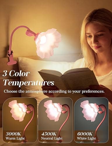 Flower Clip On Desk Lamp for Home and Dorm - Cute Floral Clip On Bedside Book Reading Light, Pink Flower Bunk Bed Lighting, Kawaii Led Flexible Gooseneck Table Lamp for Headboard with Clamp thumbnail 2