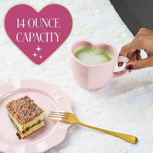 Paris Hilton Heart Shaped Ceramic Mug Set, Chic Stoneware Coffee Mugs for Coffee, Tea, Hot Cocoa, Microwave and Dishwasher Safe, 4-Piece, 14-Ounce, Pink thumbnail 6
