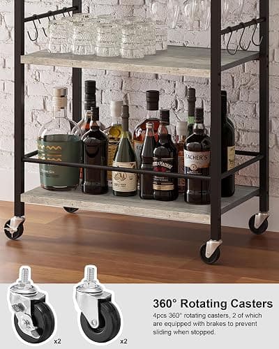 TUTOTAK Bar Cart, Home Bar Serving Cart, Small Wine Cart with 3-Tier Shelf, Beverage cart, Drink Cart with Wine Rack and Glass Holder, Rolling bar carts for The Home, Living Room, Greige BC01BG035 thumbnail 7