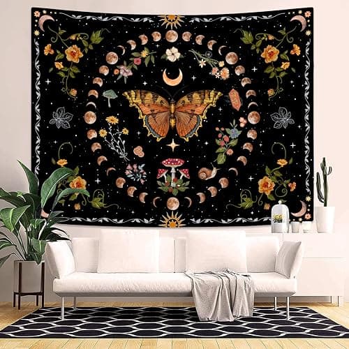 Aipon Orange Butterfly Moon Flower Tapestry Botanical Floral Plant Boho Tapestry for Bedroom Aesthetic Vintage Tapestries Wall Hanging for Living Room Dorm (36.00" x 48.00", Orange) thumbnail 6