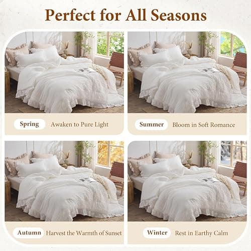 JOLLYVOGUE Oversized Queen Comforter Set, 3 Pieces White Seersucker Comforters, Lightweight & Fluffy Bedding Sets for All Season with 1 Ruffle Comforter and 2 Ruffle Pillowshams thumbnail 6