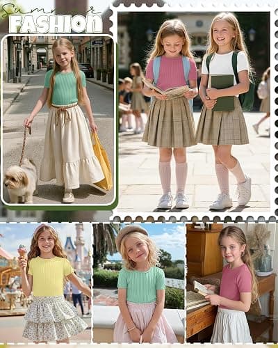 Oakgarden 4 Pack Girls T Shirts 5-14 Years Short Sleeve Ribbed Tops Crew Neck Slim Fit Summer Casual Cute Basic Tees for Kids thumbnail 5