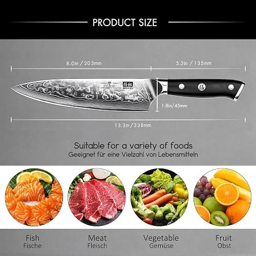 SHAN ZU Chef Knife 8 Inch Japanese Steel Damascus Kitchen Knife, Professional Kitchen Knives Sharp High Carbon Super Steel Kitchen Utility Knife thumbnail 3