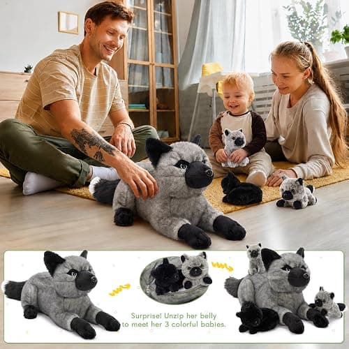 BENINY 4 Pcs Fox Stuffed Animal Set, 22 Inch Mommy Silver Fox with 3 Babies | Mommy gray fox plush set, 3 hidden baby foxes, Zippered tummy design, Soft cuddle companion, Christmas gift for kids thumbnail 6