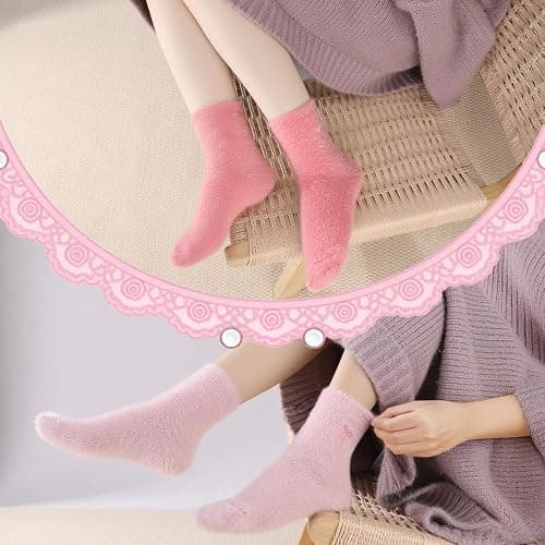 Jspupifip 5 Pairs Bow Fuzzy Socks for Women Cozy Soft Fluffy Slipper Sock Warm Winter Thick Home Sleeping Gradient Pink thumbnail 2