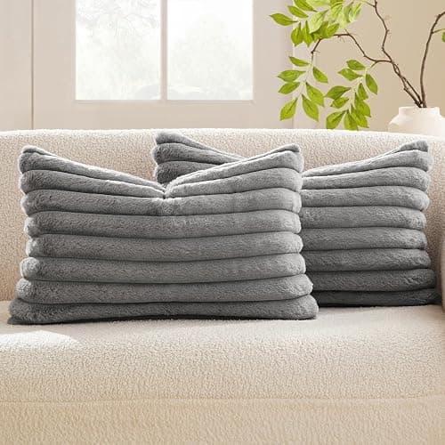 MIULEE Faux Fur Plush Decorative Throw Pillow Covers Set of 2 Luxury Soft Fluffy Striped Pillowcases Cushion for Sofa Couch Bed Living Room Light Grey 12x20 Inch - Image 1