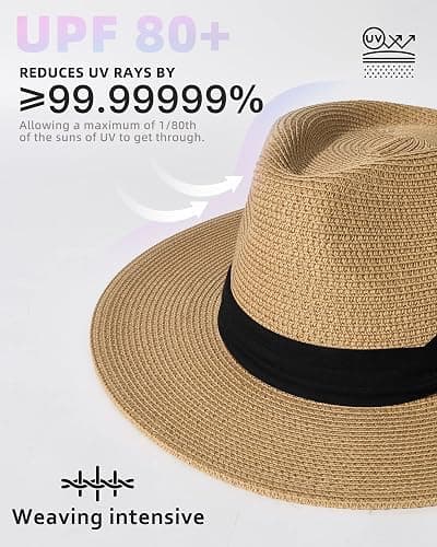 FURTALK Sun Hats for Women Men Adjustable Summer Panama Fedora Wide Brim UPF 80+ Foldable Packable Straw Beach Hat thumbnail 2
