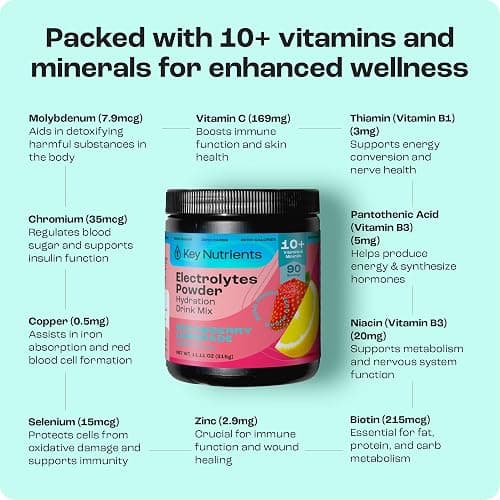 KEY NUTRIENTS Electrolytes Powder No Sugar - Juicy Strawberry Lemonade Electrolyte Powder - Hydration Powder - No Calories, Gluten Free Keto Electrolytes Powder - 90 Servings - Made in USA thumbnail 4