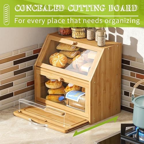 BMOSU Bread Box with Cutting Board Kitchen Bread Storage Organizer Farmhouse Countertop Double Bamboo Wood Bread Box(Natural) thumbnail 5