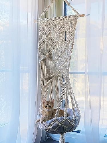 KARCEEY Macrame Cat Hammock Hanging Cat Bed with Catnip Cushion and Hanging Kit (1.Macrame Hammock with Bed) thumbnail 3