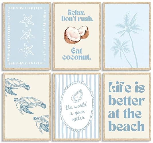 6Pcs Coastal Beach Poster Wall Art,Blue Preppy Beach Painting Picture Wall Decor,Sea Turtle Starfish Palm Tree Canvas Print Artwork for Bathroom,Bedroom,Living Room,Beach House Home Decor Unframed - Image 1