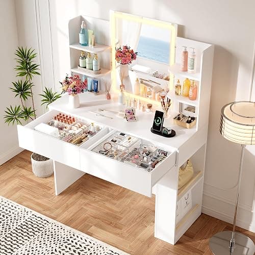 YESHOMY Vanity Desk with Mirror and Lights,35.4" Makeup Vanity with 2 Storgae Drawers, 2 Side Shelves and Open Storage Shelves, 3 Color Modes, for Bedroom, Pure White - Image 1