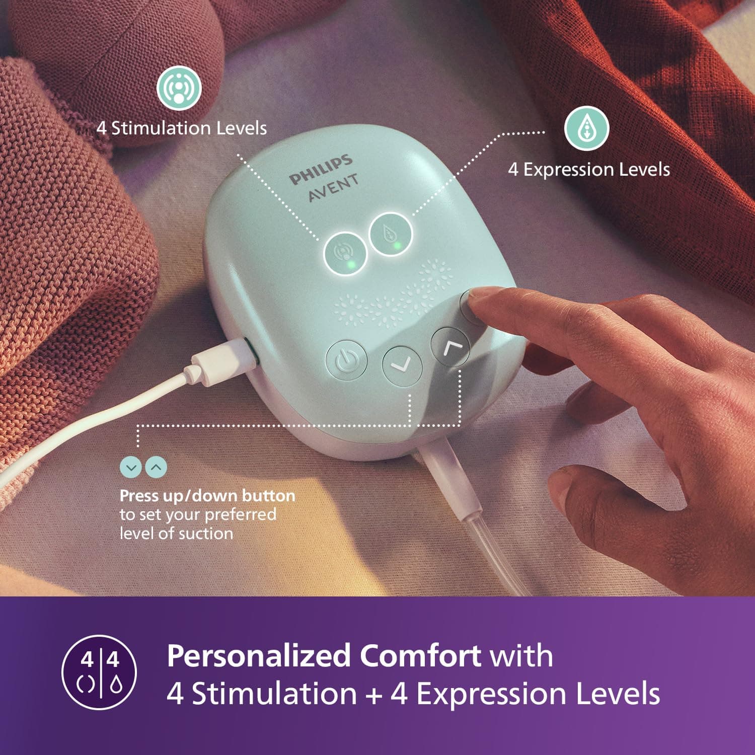 Philips Avent Portable Electric Breast Pump | No.1 Brand Recommended by Moms Worldwide | Soft adaptive Silicon Cushion | One Size Fits all | 4 + 4 Expression and Stimulation settings | Quiet Motor |Corded SCF323/11 thumbnail 4