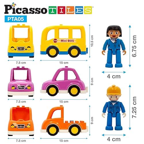 PicassoTiles Magnetic Figures 5 Piece Vehicle and Action Figure Set Including School Bus, Car, Truck and 2 Drivers Magnet Expansion Pack Toddler Toy Kit Pretend Playset for Construction Building Block - Vehicle thumbnail 2