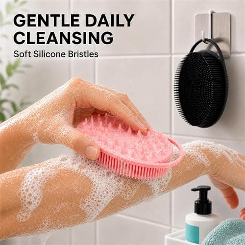 2 Pack Silicone Body Scrubber, Loofah Double-Sided Body Brush,Shower Scrubber and Scalp Massager Shampoo Brush for Sensitive Kids Women Men All Kinds of Skin (Black & Pink) thumbnail 4