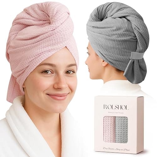 ROLSHOL 2 Pack Microfiber Hair Towel Wrap for Women, 32" x 11" Waffle Weave Hair Plopping Towel for Curly, Long & Thick Hair, Anti-Frizz Hair Turbans for Wet Hair (Pink, Grey) - Image 1