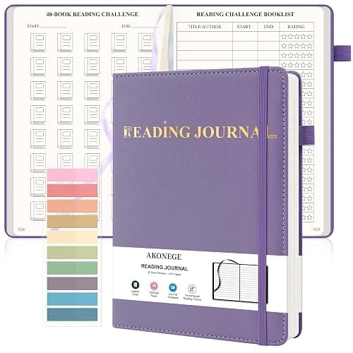AKONEGE Reading Journal for Book Tracking - PU Leather Book Journal Reading Log with 80 Reviews for Readers, Accessories with Sticky Tabs, Pen Holder, Ribbon Bookmarks, 5.6" x 8.3", Purple - Image 1
