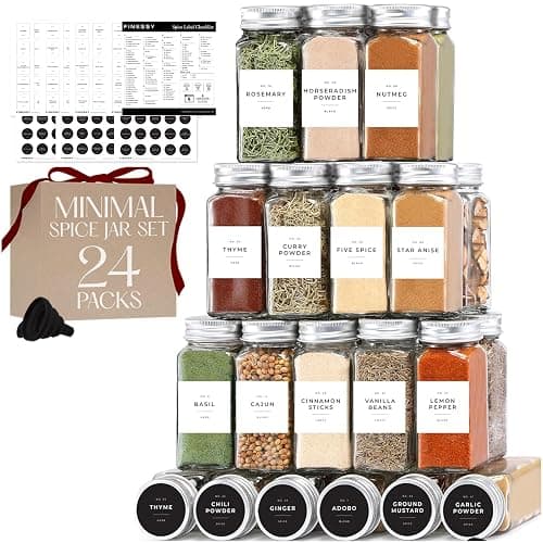 Glass Spice Jars with Labels with Metal Lids and Shakers Minimalist 24 Pack Set, 4oz Small Clear Empty Spice Bottles Seasoning Containers with Label Organizer Square Herb Seasoning Jars for Kitchen - Image 1