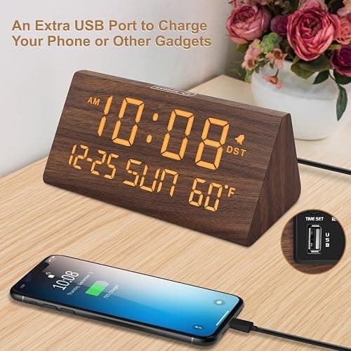 DreamSky Digital Alarm Clocks for Bedrooms - Wooden Desk Clock with Date, Day of Week, USB Port, Temperature, Dimmer for Bedside Table, Living Room, Office, Adjustable Volume, Auto DST, Wood Decor thumbnail 3