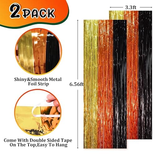 Voircoloria Black Gold Orange Fringe Backdrop Curtains,3.3x6.6ft, 2 Pack | Tinsel Streamers, Door Shimmer, For Baby Shower, Birthday Party Decorations, Graduations thumbnail 3