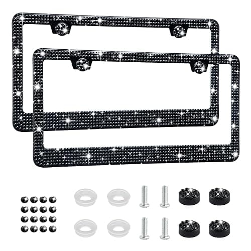 Amiss Bling License Plate Frame for Women, 2Pack Rhinestone Handcrafted Crystal Premium Stainless Steel, Stainless Steel Car Accessories with Diamond Sparkle Glitter Caps (Black) - Image 1
