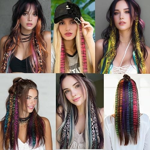 EXTACIO 10pcs/pack Raccoon Tail Hair Extensions Synthetic Clip in Leopard print Hair piece 18inch Long Straight Colorful striped Hairpieces Halloween Party Cosplay Y2K Use for Women Girls thumbnail 8