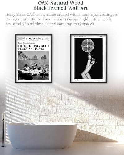 iHery 12x16in Natural Black OAK Wood Trendy Newspaper Framed Wall Art, Modern Hot Girls Only Need Money And Pasta Canvas Wall Decor For Girly Dorm Bedroom Living Room 1Pack thumbnail 6