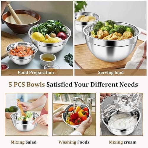 P&P CHEF Metal Mixing Bowls with Lids Set, Visible Airtight Lids & Khaki | 5 PCS Stainless Steel Mixing Nesting Bowls for Kitchen Prepping, Storing, Healthy & Easy Clean, Size 4.6, 3, 1.5, 1, 0.7 QT thumbnail 3