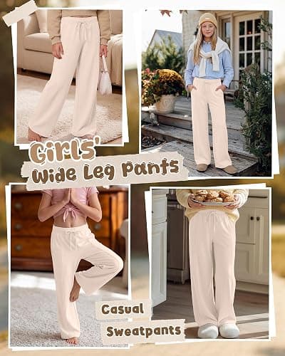 JoyMotion Girls' Wide Leg Sweatpants Kids Baggy Open Bottom Casual Pants Drawstring Waist Yoga Trousers with Pockets 5-14Y thumbnail 2