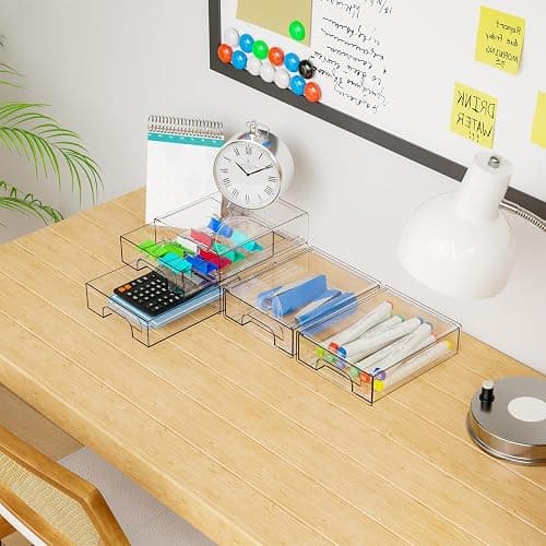 Yieach 4 Pack Small Clear Stackable Storage Drawers,2.2'' Tall Desk Organization and Storage,Plastic Office Supply Organizer,Acrylic Storage Containers for Makeup,Hair Clip,Accessory,Pen,Art Crafts thumbnail 8