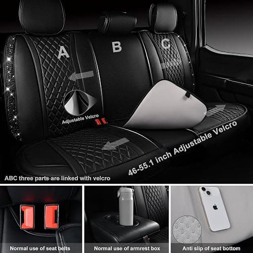 CAR Pass Bling Car Seat Covers, Microfiber Nappa Leather Luxury Cushioned, Waterproof Heavy-Duty Anti-Slip Universal Fit for Auto SUV Sedan, Sparkly Glitter Shining Rhinestone Full Set, Black Diamond thumbnail 3
