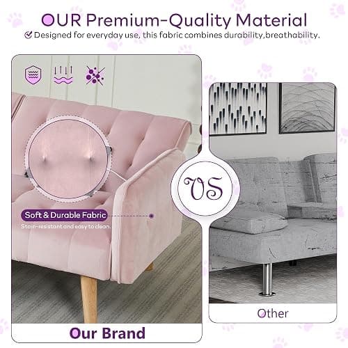 TYBOATLE 65" W Velvet Modern Convertible Folding Futon Couch Sofa Bed w/ 2 USB Charging Ports and arms, Loveseat for Compact Living Space, Dorm, Game Studio, Bonus Room, Apartment, Bedroom (Pink) - Pink thumbnail 8