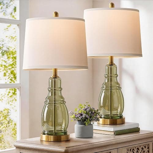 ROTTOGOON Glass Table Lamp Set of 2, Modern Table Lamps for Living Room Bedroom, Bedside Desk Lamps Vintage Nightstand Lamps with Linen Shades, 22", Green thumbnail 8