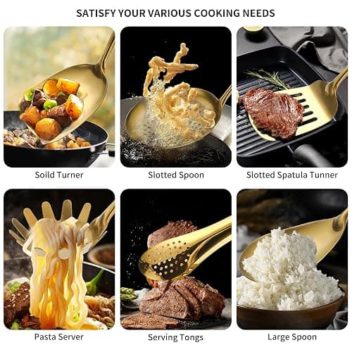 304 Stainlss Steel Matte Kitchen Utensils Set, 12 Pcs Long Metal Cooking Utensil Gadgets Tools Set with Spatula, Ladle, Spoon, Ladle, Skimmer, Tunner, Pasta Server, Tongs(Gold, Dishwasher Safe) thumbnail 4