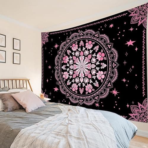 LB Black Floral Boho Tapestry Wall Hanging Pink and Black Bohemian Wall Tapestry Mandala Hippie Flower Wall Art for Bedroom Aesthetic Living Room Dorm Home Wall Decor, 60x40 Inches thumbnail 5