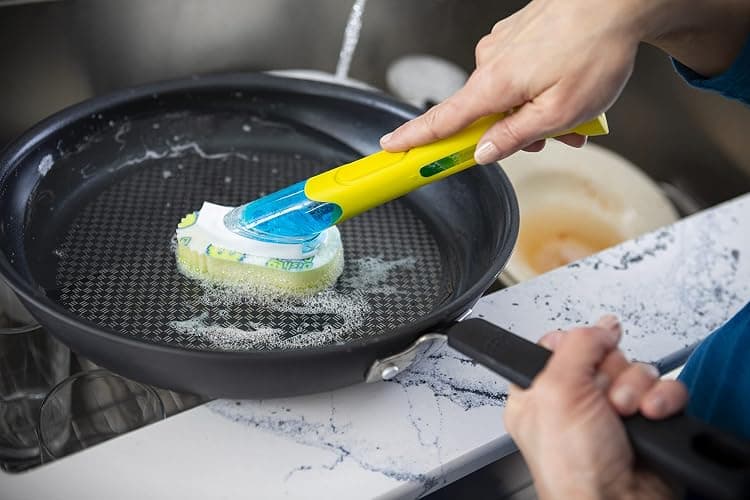 Scrub Daddy Dish Wand, Soap Dispensing Dish Brush, Texture Changing Washing Up Sponge with Liquid Handle, Built-in Scraper & Detachable Scrubbing Head, Drip Stand, Yellow thumbnail 6