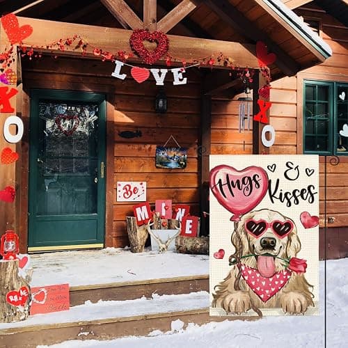 AVOIN colorlife Valentine's Day Dog Garden Flag 12x18 Inch Golden Retriever Hugs Kisses Double Sided, Anniversary Wedding Yard Outdoor Flag thumbnail 2