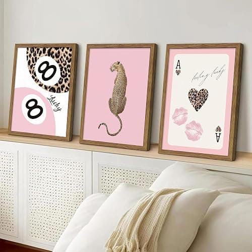 Framed Pink Trendy Wall Art Set of 3, Cheetah Print and Lucky 8 Ball Pictures Wall Decor, Vintage Preppy Paintings Canvas Prints Y2K Aesthetic Room Decor for Teen Girls Room Bedroom Bathroom 12x16 Inch Ready to Hang thumbnail 6