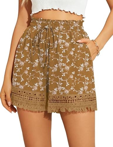 AKEWEI Womens Elastic High Waist Shorts Drawstring Lace Boho Shorts Wide Leg Casual Short Pants - Image 1