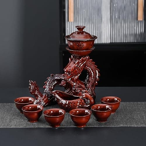 fanquare Lazy Kungfu Ceramic Tea Set for 6, Chinese Dragon Shape 9 Piece Tea Set Gift Box, Tea Cup, Infuser, Fair Cup Unique Tea Set for Office Business Gift, Red thumbnail 2
