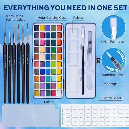 Finenolo 50 Colors Watercolor Paint Set with 8 Brushes (Water Brush + Detail Brushes), Mixing Palettes & Complete Accessories, Perfect for Beginners,Great for Outdoor Sketching, Painting Creation, Holiday Gifts thumbnail 3