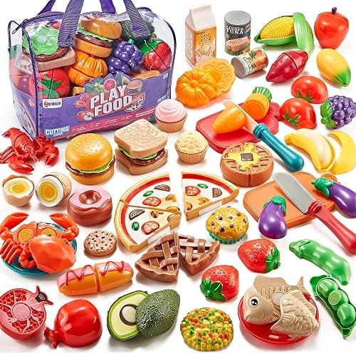 LAUGIGLE Pretend Play Food for Kids Kitchen, 78Pc Cutting Toy Food with Storage Bag - Image 1